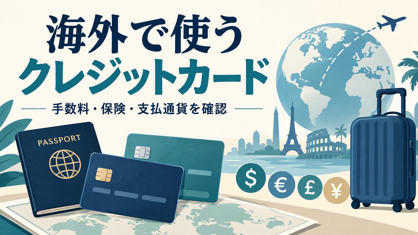 海外で使うクレジットカードの手数料・旅行保険・支払通貨を示すアイキャッチ